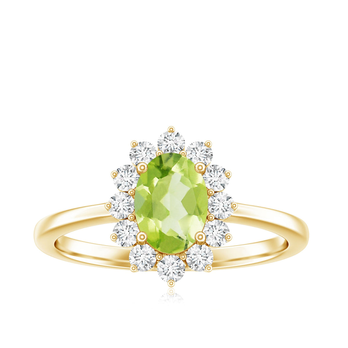 Oval 1 carat peridot engagement ring with diamond halo from Rosec Jewels, showcasing the vibrant green gemstone and sparkling accents.