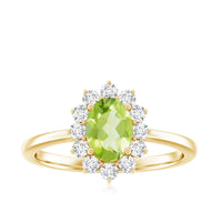 Oval 1 carat peridot engagement ring with diamond halo from Rosec Jewels, showcasing the vibrant green gemstone and sparkling accents.