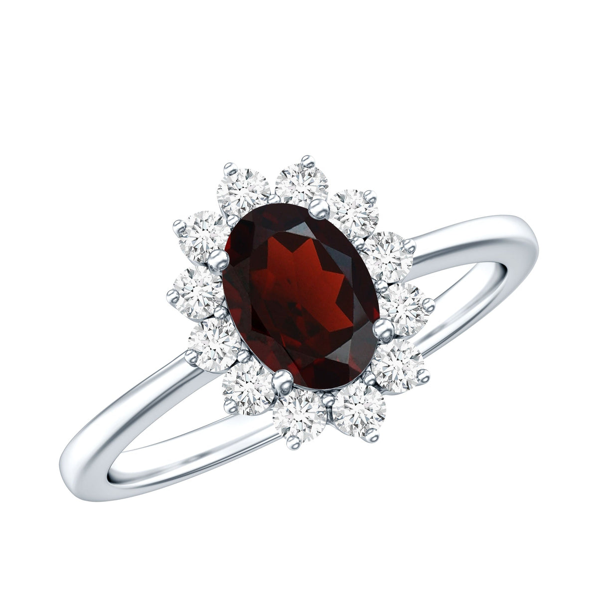 Natural garnet 6x8mm oblong engagement ring with diamond halo from Rosec Jewels, showcasing a detailed setting and sparkling stones.