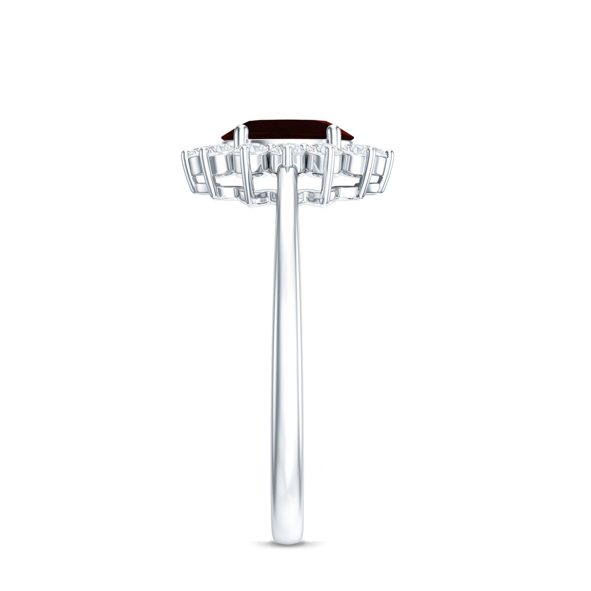 Natural 6x8mm garnet engagement ring with diamond halo by Rosec Jewels, showcasing the oblong gemstone and sparkling accents.