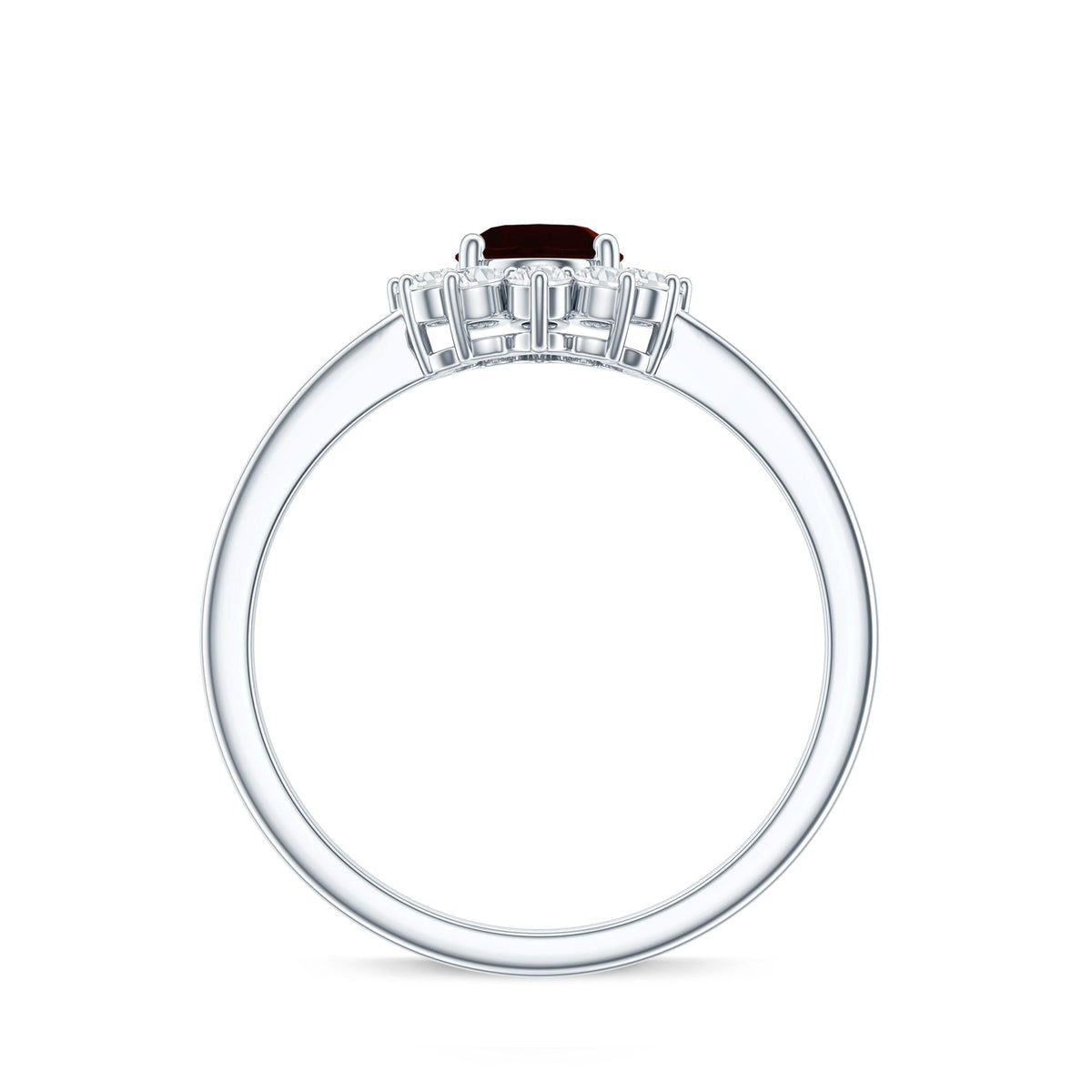 Natural garnet 6x8mm oblong engagement ring with diamond halo from Rosec Jewels, showcasing the detailed setting and gemstone.