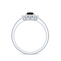 Natural garnet 6x8mm oblong engagement ring with diamond halo from Rosec Jewels, showcasing the detailed setting and gemstone.