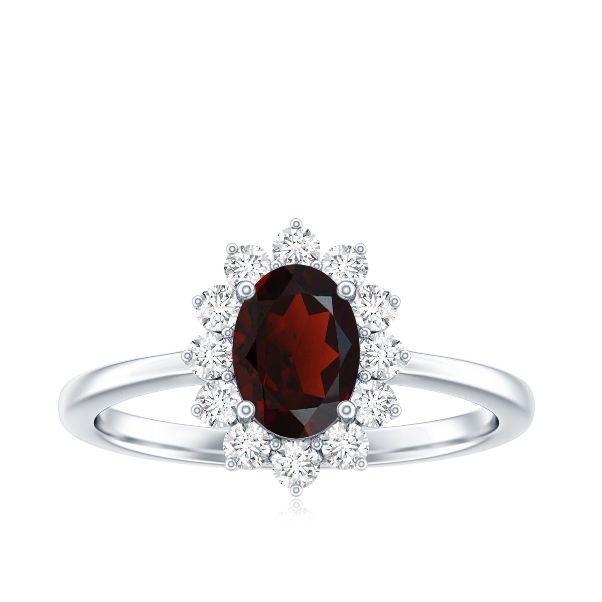 Natural 6x8mm garnet engagement ring with diamond halo by Rosec Jewels, showcasing the oblong gemstone and sparkling accents.