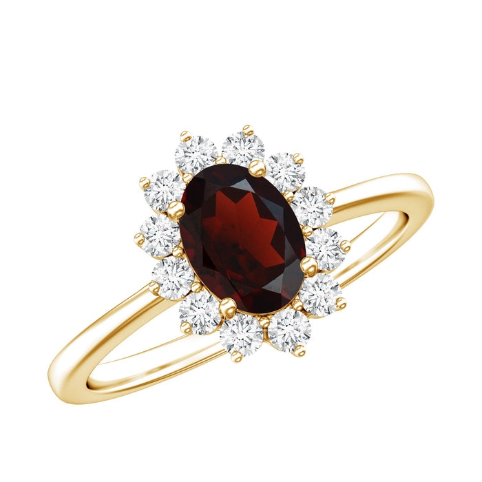 Natural 6x8mm garnet engagement ring with diamond halo from Rosec Jewels, featuring an elegant oblong design and sparkling accents.