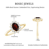 Natural 6x8mm garnet oblong engagement ring with diamond halo from Rosec Jewels, showcasing the detailed gemstone and elegant design.