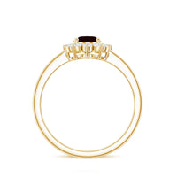 Natural garnet 6x8mm oblong engagement ring with diamond halo by Rosec Jewels featuring a stunning gemstone and intricate design.