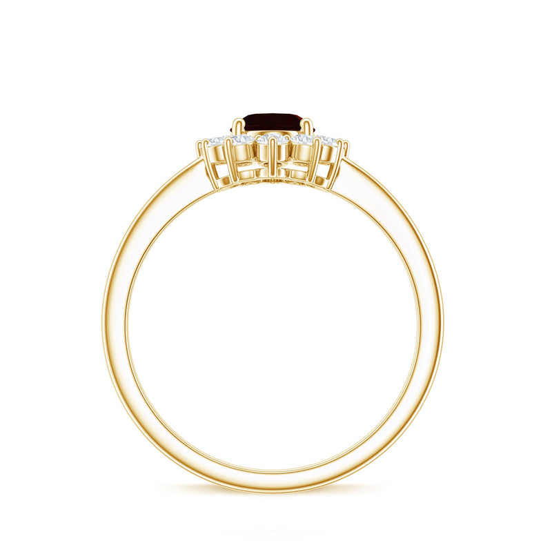 Natural garnet 6x8mm oblong engagement ring with diamond halo by Rosec Jewels featuring a stunning gemstone and intricate design.