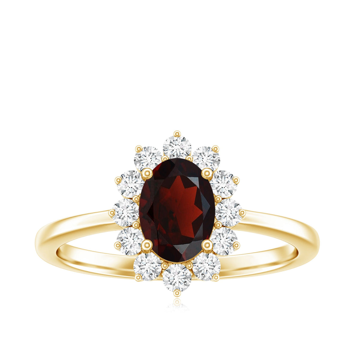 Natural 6x8mm garnet oblong engagement ring with diamond halo from Rosec Jewels, showcasing the detailed design and sparkling stones.