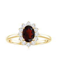 Natural 6x8mm garnet oblong engagement ring with diamond halo from Rosec Jewels, showcasing the detailed design and sparkling stones.