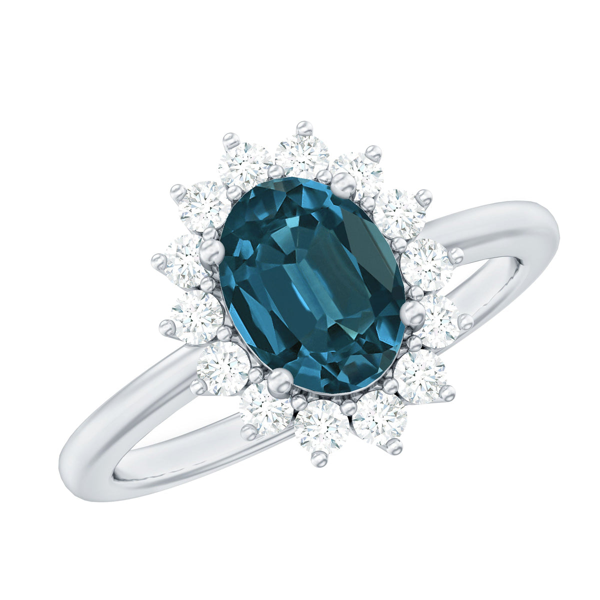 Rosec Jewels 1 Carat London Blue Topaz Princess Diana-inspired engagement ring with diamond accents and elegant band.