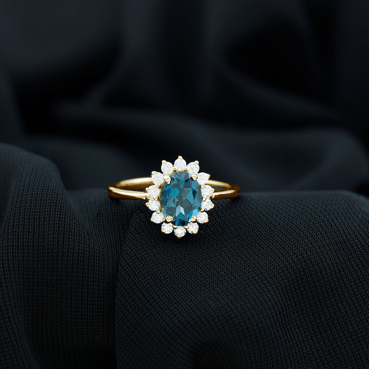 London Blue Topaz princess cut engagement ring with diamond accent, inspired by Princess Diana, by Rosec Jewels.