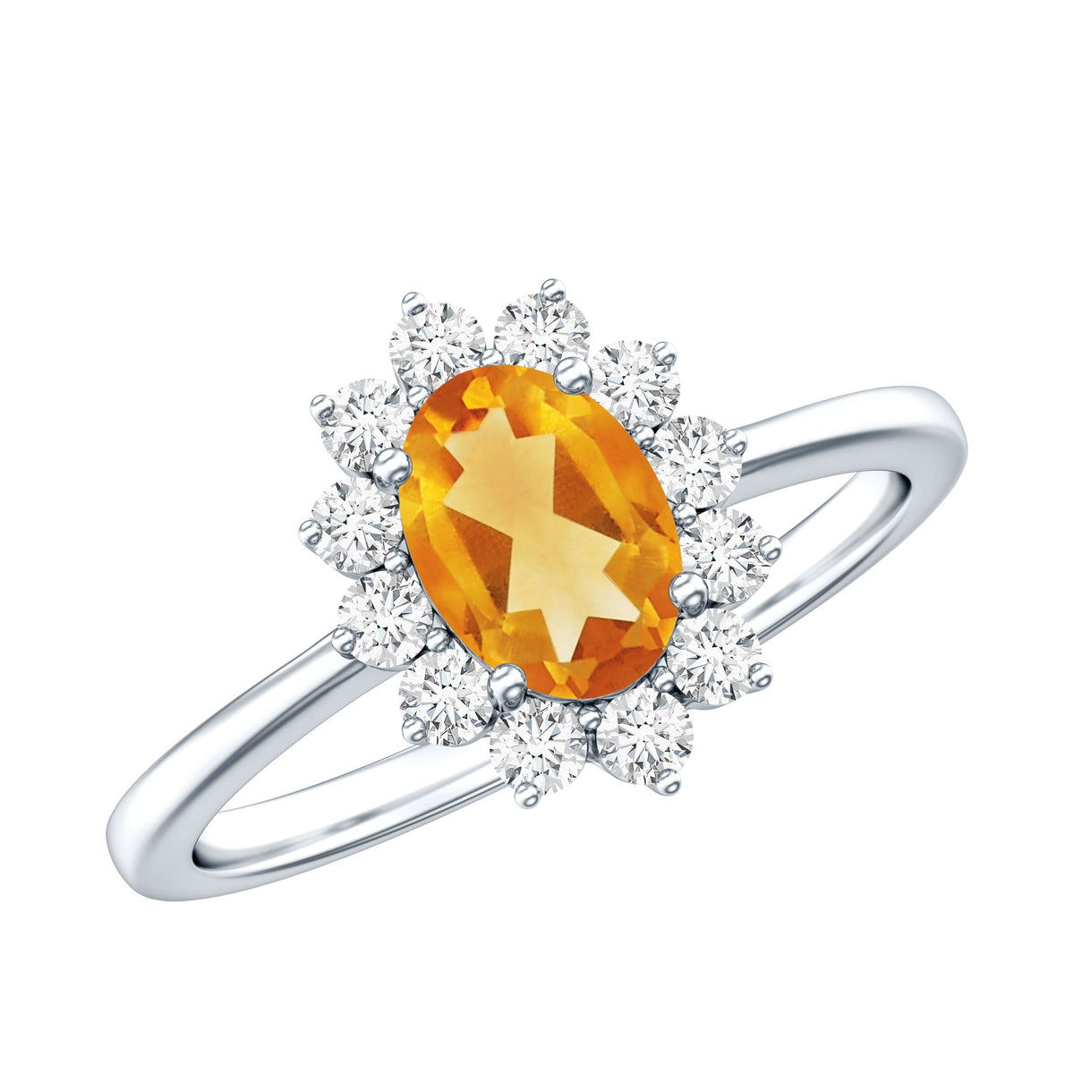Real 6x8mm citrine oval engagement ring with diamond halo from Rosec Jewels, showcasing a sparkling gemstone and elegant design.