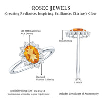 Rosec Jewels 6x8mm citrine oval engagement ring with diamond halo, showcasing the detailed design and sparkling gemstones.
