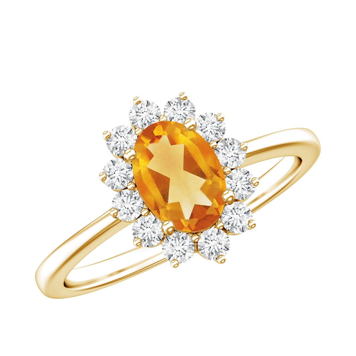 Real 6x8mm citrine oval engagement ring with diamond halo from Rosec Jewels, showcasing the detailed gemstone and elegant design.