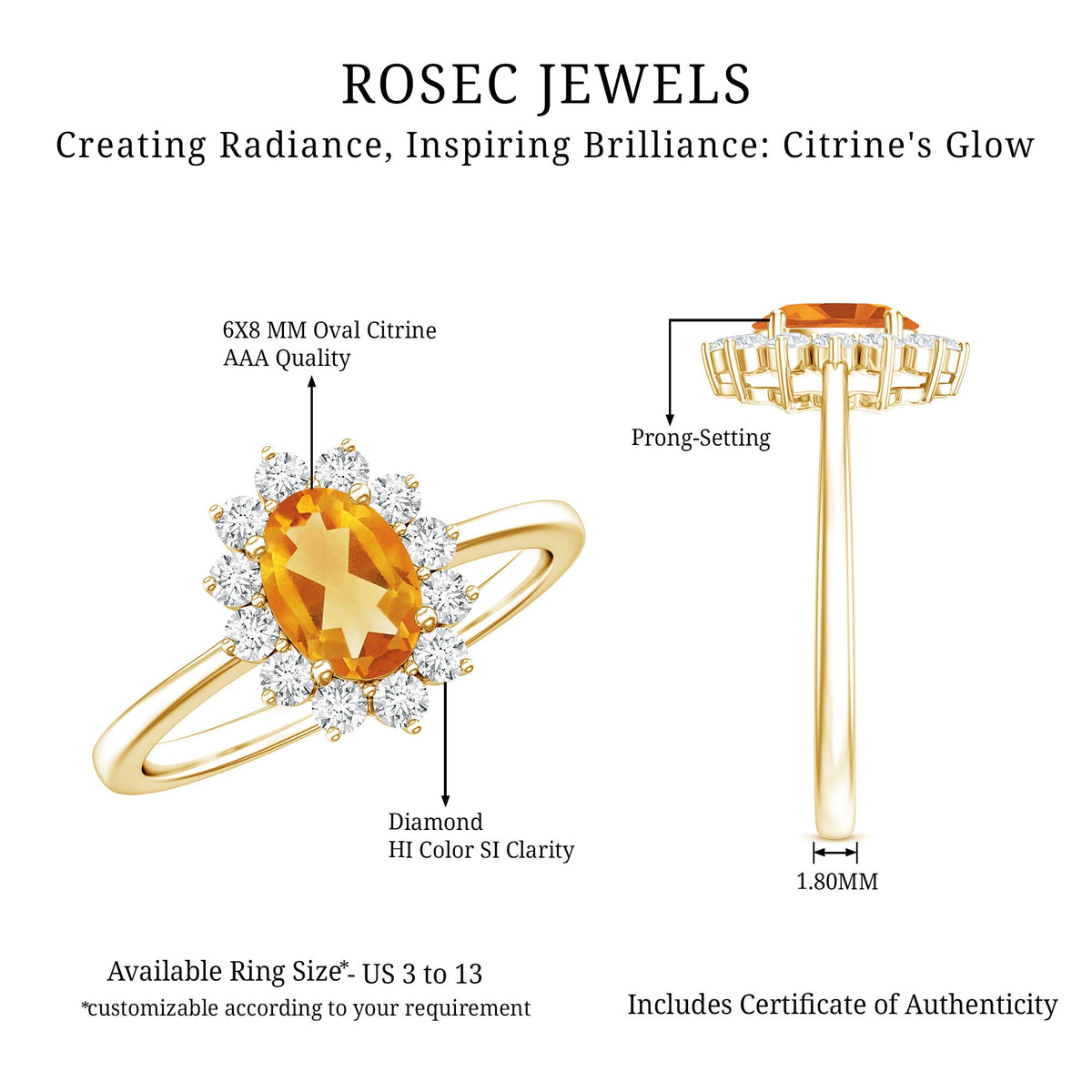 Rosec Jewels 6x8mm citrine oval engagement ring with diamond halo, showcasing the sparkling gemstone and elegant design.