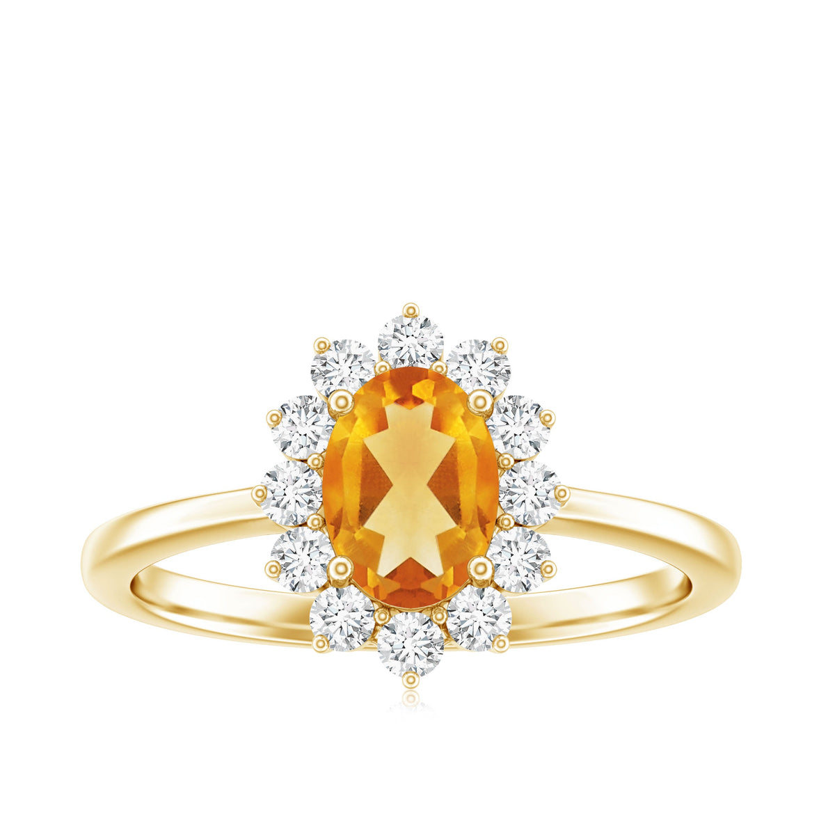 Rosec Jewels 6x8mm citrine oval engagement ring with diamond halo, featuring a gold band and intricate design details.