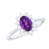 Rosec Jewels 1.5 CT princess cut amethyst engagement ring with diamond halo, inspired by Princess Diana, showcasing intricate design.