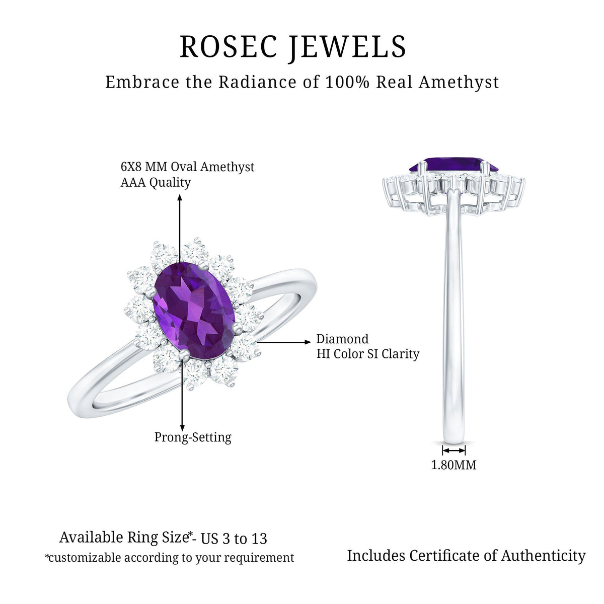 Rosec Jewels 1.5 CT Princess Diana style amethyst engagement ring with diamond halo, featuring a regal purple gemstone and sparkling accents.