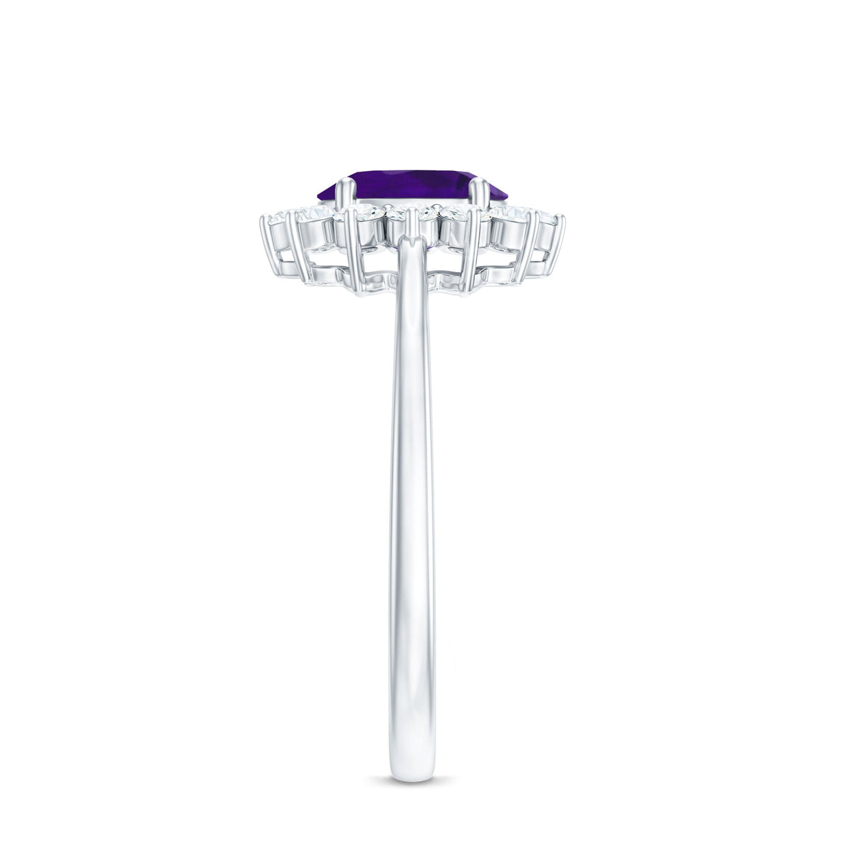 Princess Diana-inspired 1.5 CT amethyst engagement ring with diamond halo from Rosec Jewels, showcasing intricate design and sparkling gemstones.