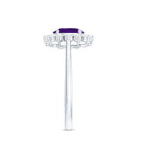 Princess Diana-inspired 1.5 CT amethyst engagement ring with diamond halo from Rosec Jewels, showcasing intricate design and sparkling gemstones.