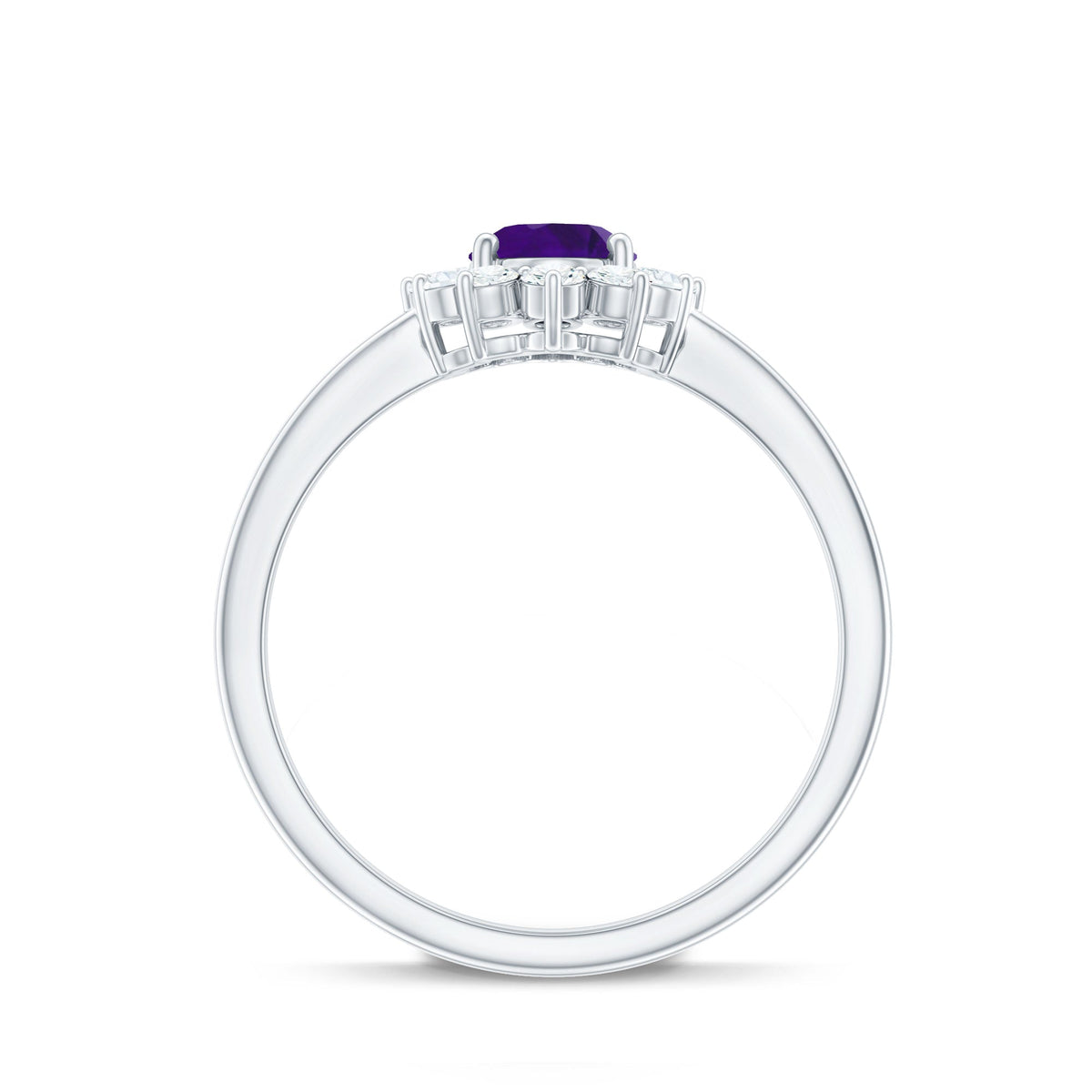 Rosec Jewels 1.5 CT Princess Diana-inspired amethyst engagement ring with diamond halo, showcasing an elegant purple gemstone centerpiece.