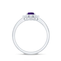 Rosec Jewels 1.5 CT Princess Diana-inspired amethyst engagement ring with diamond halo, showcasing an elegant purple gemstone centerpiece.