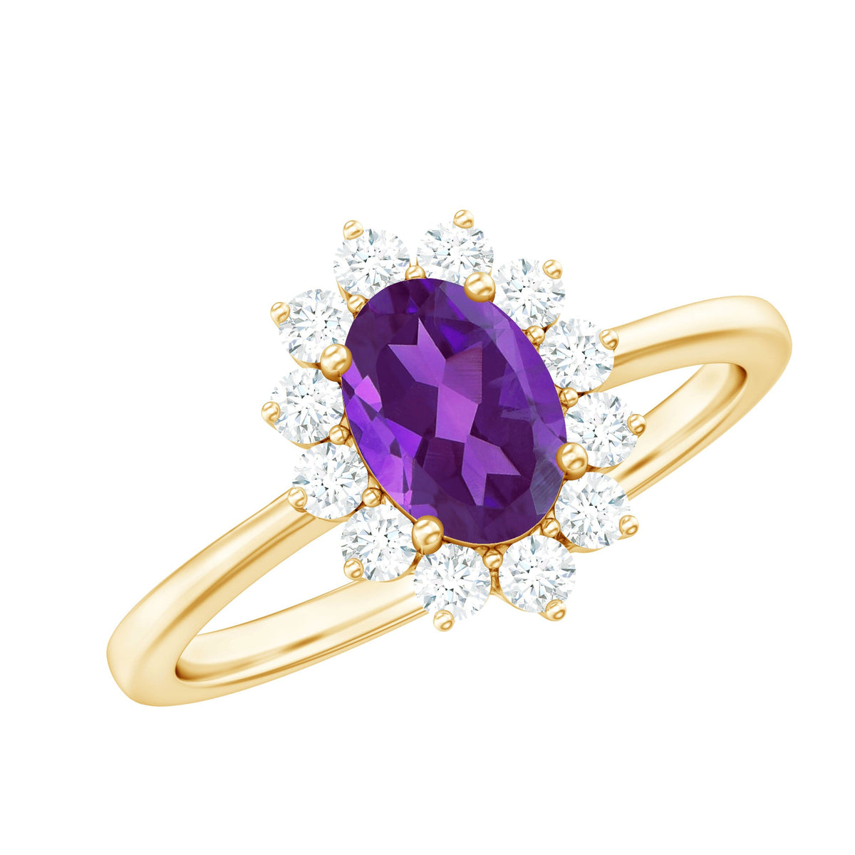 Rosec Jewels 1.5 CT Princess Diana-inspired amethyst engagement ring with diamond halo, showcasing a stunning purple gemstone setting.