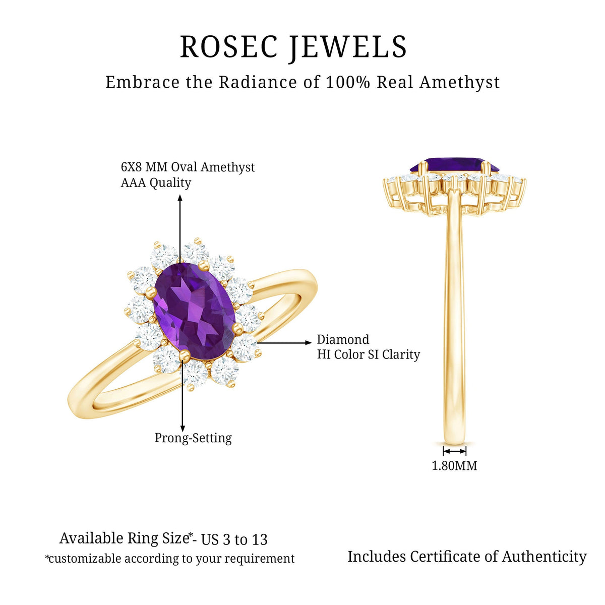 Rosec Jewels 1.5 CT Princess Diana inspired amethyst engagement ring with diamond halo, showcasing a stunning purple gemstone and elegant design.
