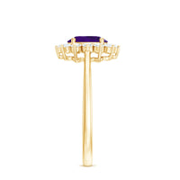 Rosec Jewels 1.5 CT princess cut amethyst engagement ring with diamond halo, inspired by Princess Diana, showcasing intricate design.