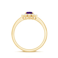 Rosec Jewels 1.5 CT Princess Diana style amethyst engagement ring with diamond halo, featuring a detailed purple gemstone setting.