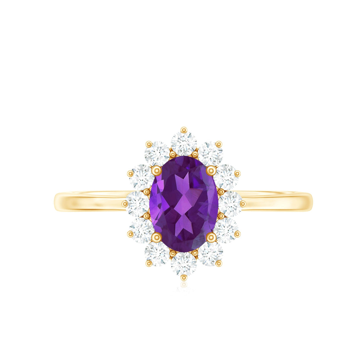 Rosec Jewels 1.5 CT Princess Diana-inspired amethyst engagement ring with diamond halo, showcasing a central purple amethyst gemstone.