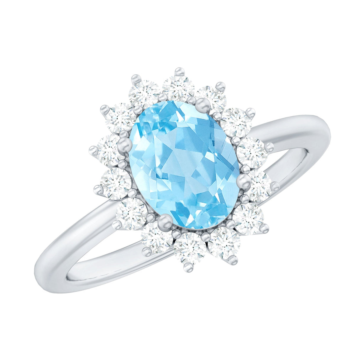 Oval aquamarine engagement ring with diamond halo from Rosec Jewels, showcasing the elegant natural gemstone and sparkling accents.