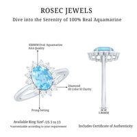 Oval 1-carat aquamarine engagement ring with diamond halo by Rosec Jewels, showcasing the sparkling center stone and intricate band details.