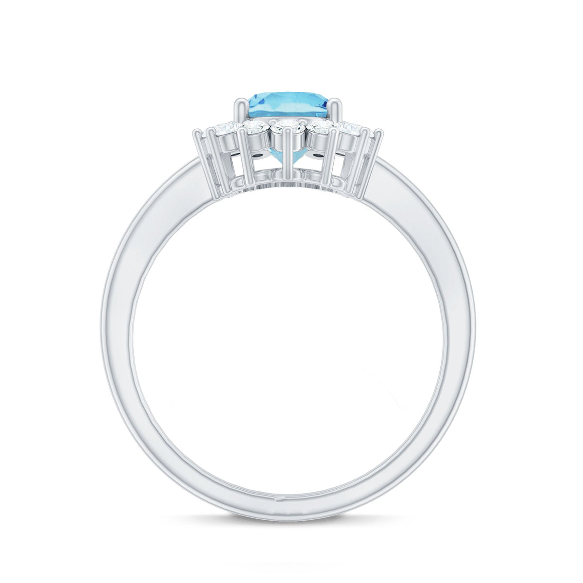 Natural 1 carat aquamarine oval engagement ring with diamond halo by Rosec Jewels, featuring a detailed view of the ring design.