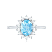 Natural 1 Carat Aquamarine oval engagement ring with diamond halo from Rosec Jewels, showcasing a stunning gemstone and intricate design.