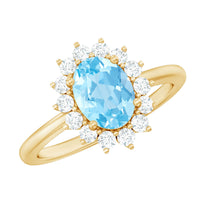 Natural 1 Carat aquamarine oval engagement ring with diamond halo by Rosec Jewels, showcasing the sparkling center stone and intricate setting.