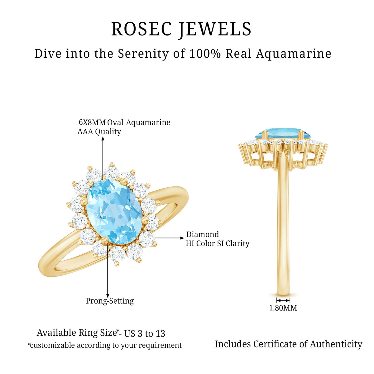 Oval natural aquamarine engagement ring with diamond halo, featuring a 1-carat gemstone and intricate band design by Rosec Jewels.