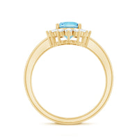 Natural 1 Carat aquamarine oval engagement ring with diamond halo from Rosec Jewels, showcasing the sparkling gemstone and intricate band.