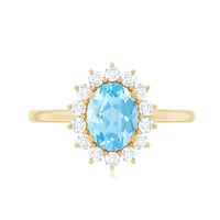 Natural 1 Carat aquamarine oval engagement ring with diamond halo from Rosec Jewels, showcasing the elegant gemstone and sparkling accents.