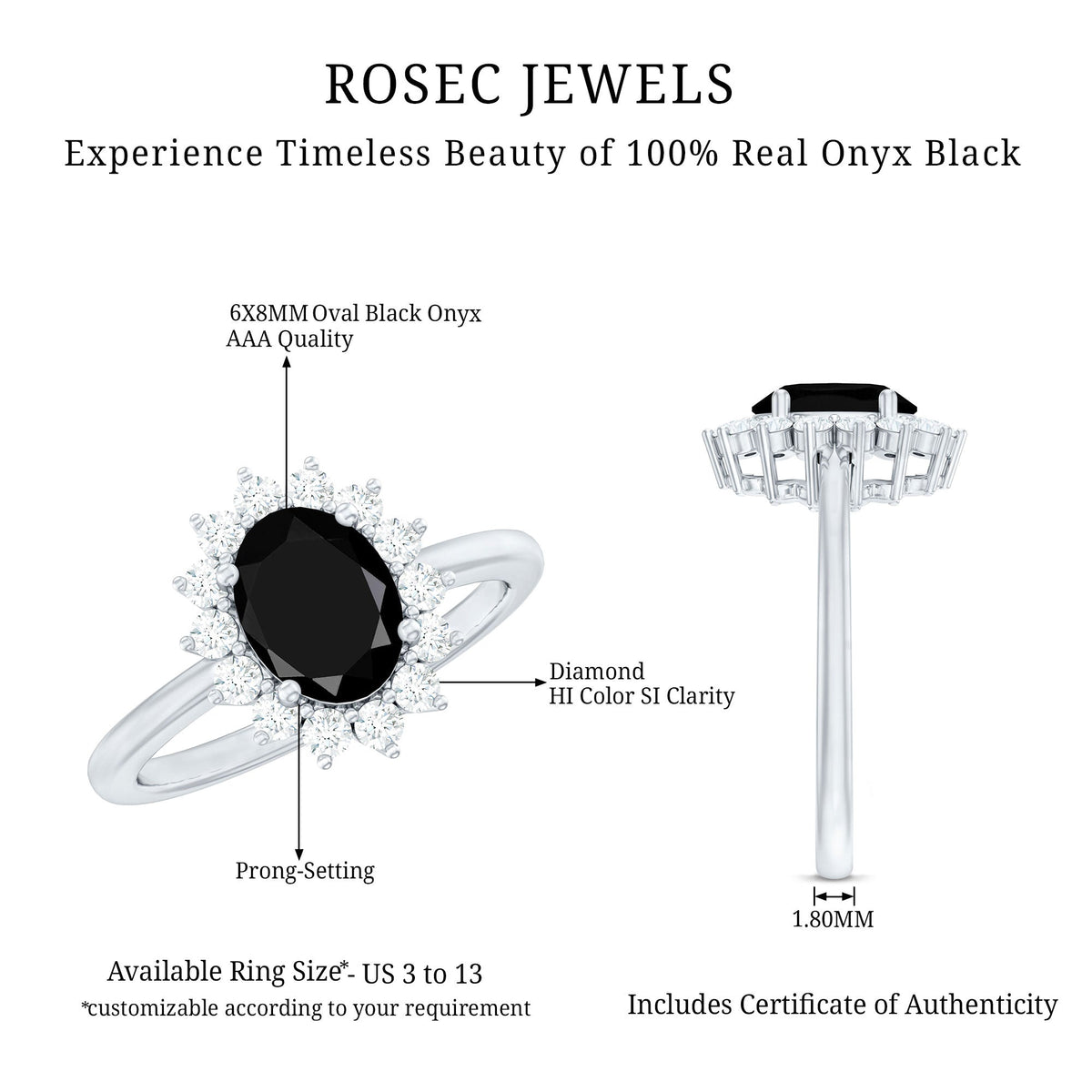 Oval cut black onyx engagement ring with diamond halo and rose gold band by Rosec Jewels, featuring intricate detailing and sparkling stones.