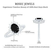 Oval cut black onyx engagement ring with diamond halo and rose gold band by Rosec Jewels, featuring intricate detailing and sparkling stones.