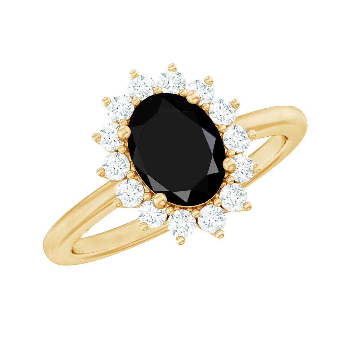Oval cut black onyx engagement ring with diamond halo setting from Rosec Jewels, showcasing elegant design and sparkling accents.