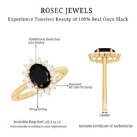 Oval cut real black onyx and diamond halo engagement ring by Rosec Jewels, featuring a sleek oval gemstone with sparkling diamond accents.