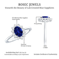 Certified 1 Carat Lab Grown Blue Sapphire Oval Engagement Ring with Diamond Halo