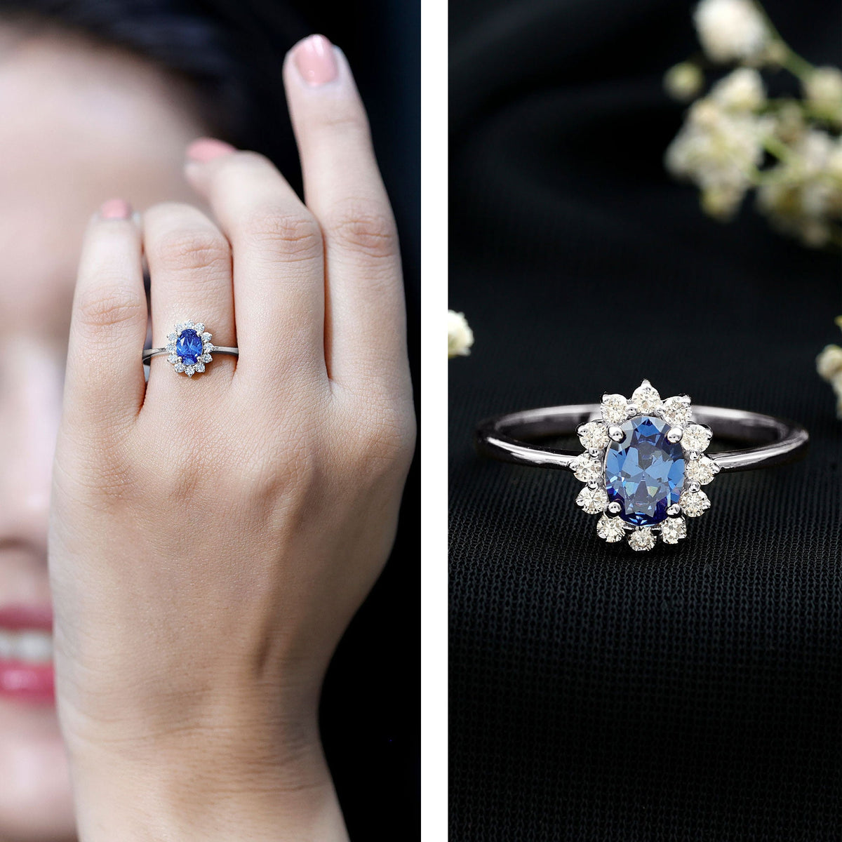 Certified 1 Carat Lab Grown Blue Sapphire Oval Engagement Ring with Diamond Halo