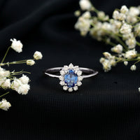 Certified 1 Carat Lab Grown Blue Sapphire Oval Engagement Ring with Diamond Halo