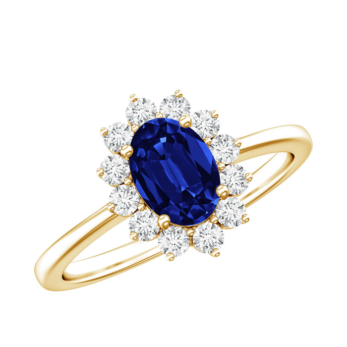 Certified 1 carat lab-grown blue sapphire oval engagement ring with diamond halo, showcasing a stunning jewelry piece by Rosec Jewels.