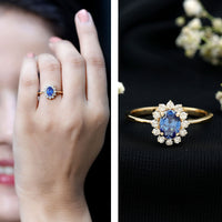 Certified 1 Carat Lab Grown Blue Sapphire Oval Engagement Ring with Diamond Halo