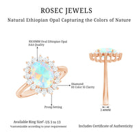Natural 8X10mm Ethiopian Rainbow Opal Oval Engagement Ring with Diamond Halo