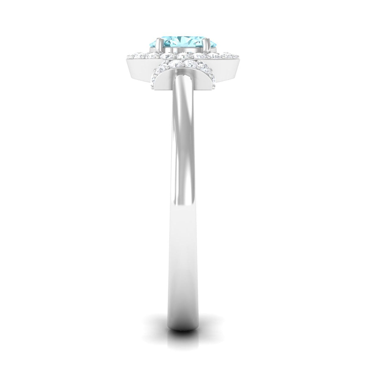 Rosec Jewels 0.50 CT aquamarine halo engagement ring with diamond accents, showcasing the detailed design and sparkling gemstones.